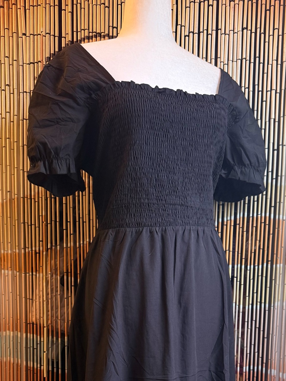 Black Midi Dress with Smocked Bodice